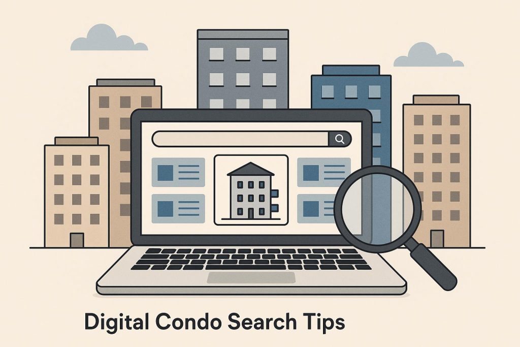Modern digital tools and condo listings displayed on a laptop screen for home search guidance