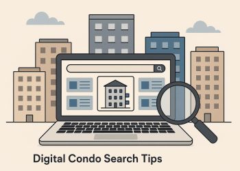 Modern digital tools and condo listings displayed on a laptop screen for home search guidance