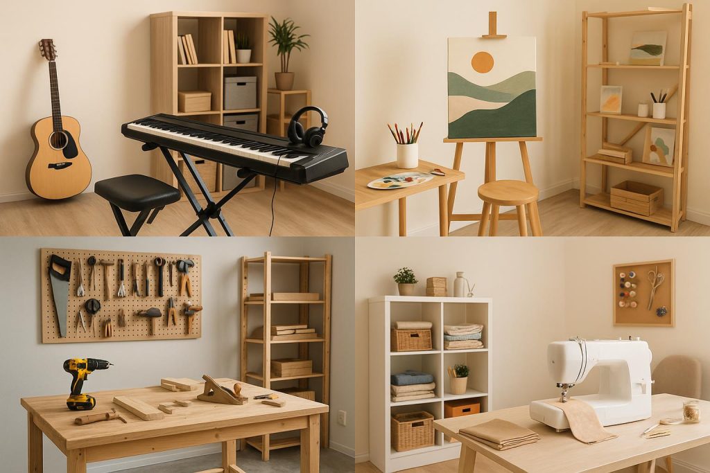 Creative hobby room with art supplies, musical instruments, and cozy reading nook setup