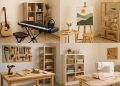 Creative hobby room with art supplies, musical instruments, and cozy reading nook setup