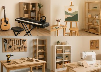 Creative hobby room with art supplies, musical instruments, and cozy reading nook setup