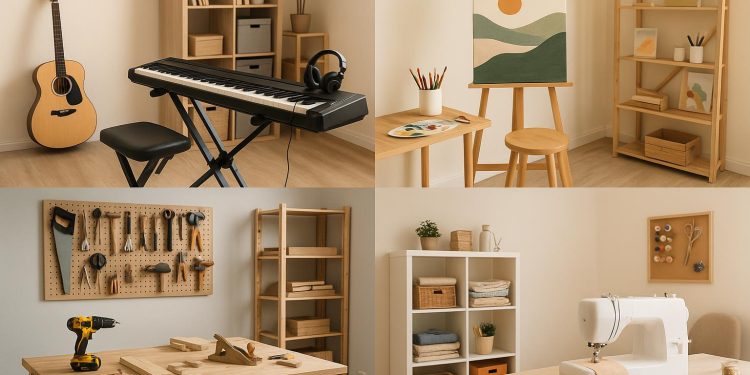 Creative hobby room with art supplies, musical instruments, and cozy reading nook setup