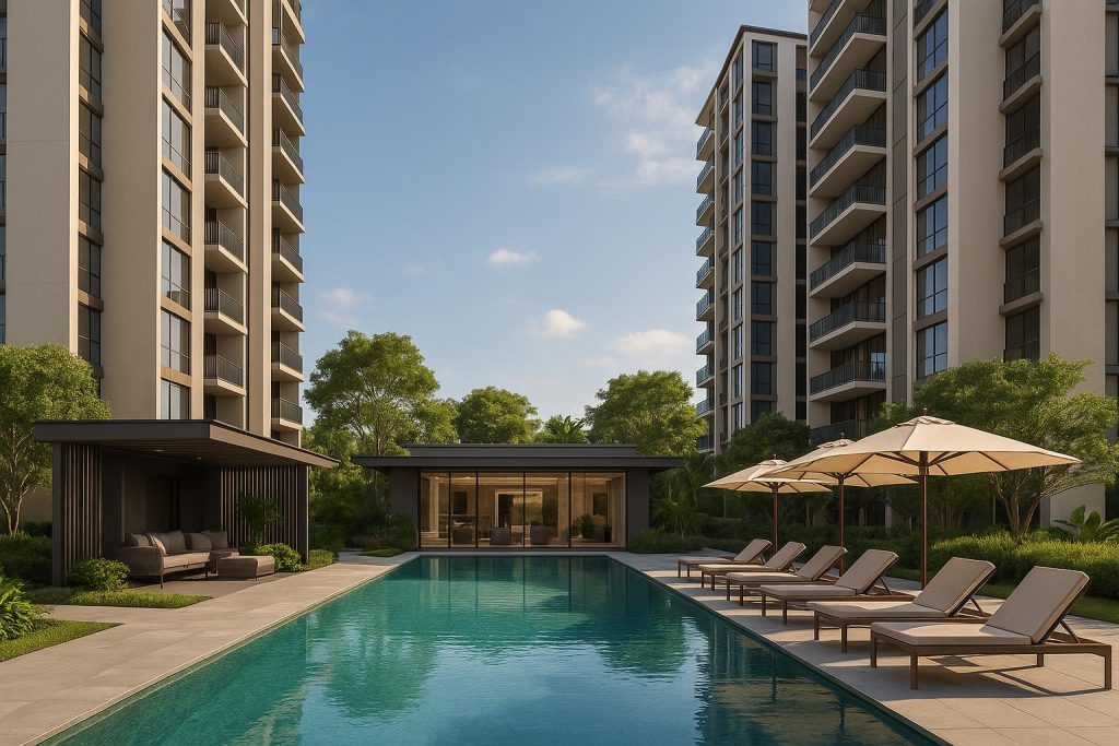 Modern facade of The Pinery Residences showcasing luxury apartments in Tampines District 18