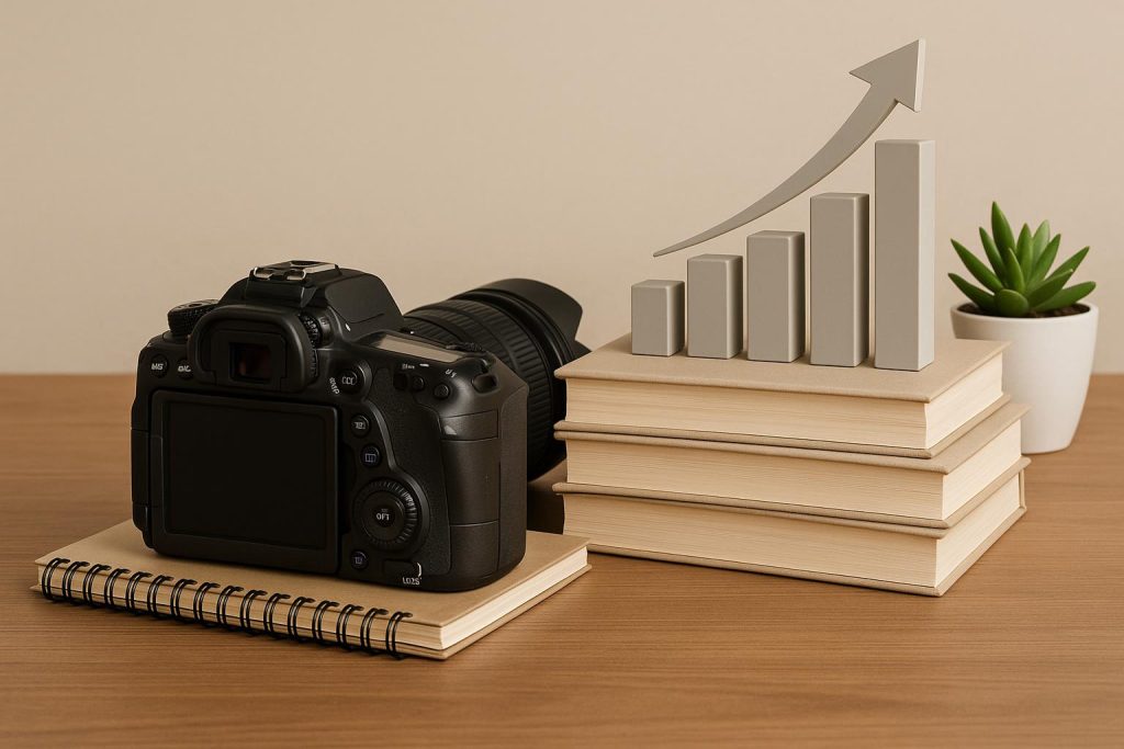 Camera, laptop, and photography props arranged on a desk, representing business photography skills