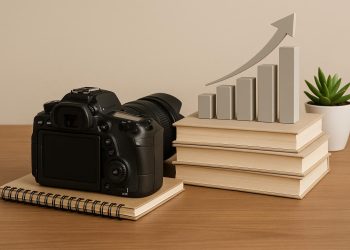 Camera, laptop, and photography props arranged on a desk, representing business photography skills