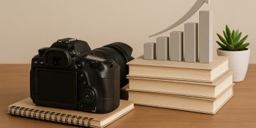 Camera, laptop, and photography props arranged on a desk, representing business photography skills