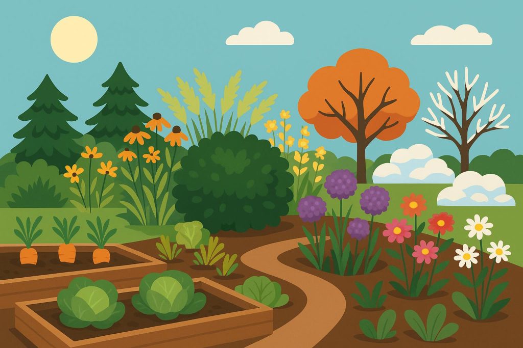 Colorful perennial flowers and evergreen shrubs arranged in a vibrant year-round home garden