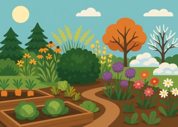 Colorful perennial flowers and evergreen shrubs arranged in a vibrant year-round home garden