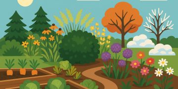 Colorful perennial flowers and evergreen shrubs arranged in a vibrant year-round home garden