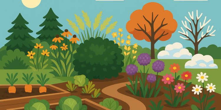 Colorful perennial flowers and evergreen shrubs arranged in a vibrant year-round home garden