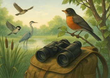 Colorful songbirds perched on tree branches in a lush green forest during birdwatching activity