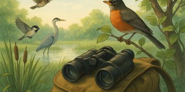 Colorful songbirds perched on tree branches in a lush green forest during birdwatching activity