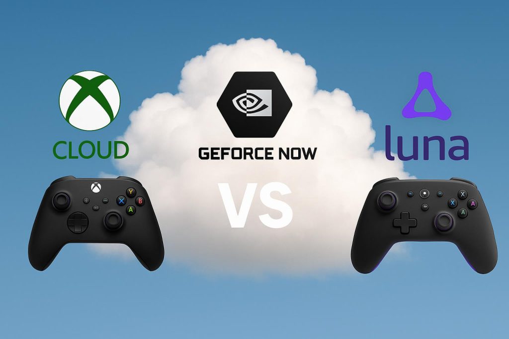 Xbox Cloud, GeForce NOW, and Amazon Luna logos side by side highlighting cloud gaming comparison