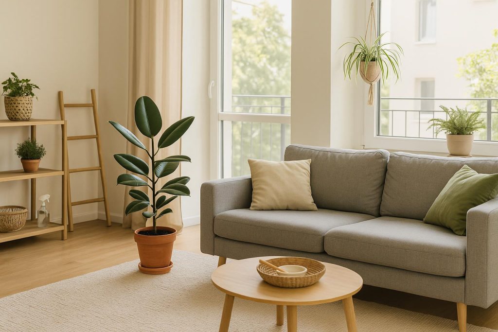 Indoor plants and air-purifying solutions in a modern condo living space promoting clean air