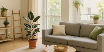 Indoor plants and air-purifying solutions in a modern condo living space promoting clean air
