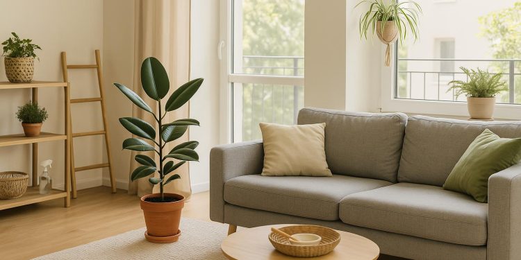 Indoor plants and air-purifying solutions in a modern condo living space promoting clean air