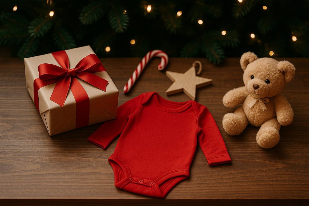 Smiling baby in festive pajamas surrounded by Christmas decorations and twinkling lights