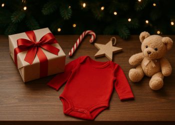Smiling baby in festive pajamas surrounded by Christmas decorations and twinkling lights