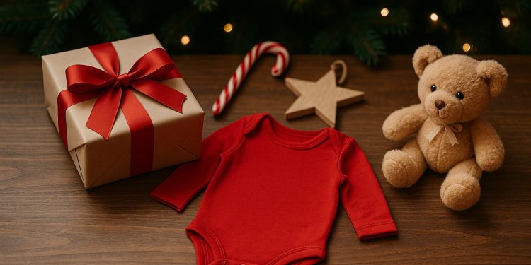 Smiling baby in festive pajamas surrounded by Christmas decorations and twinkling lights