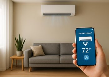 Smart air conditioning system seamlessly integrated in a modern, stylish living room setting