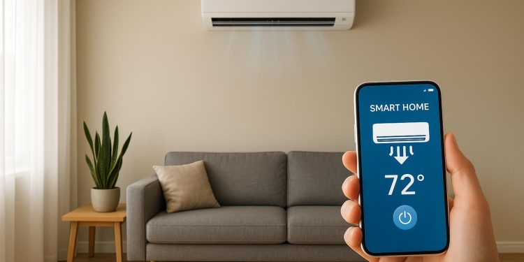 Smart air conditioning system seamlessly integrated in a modern, stylish living room setting