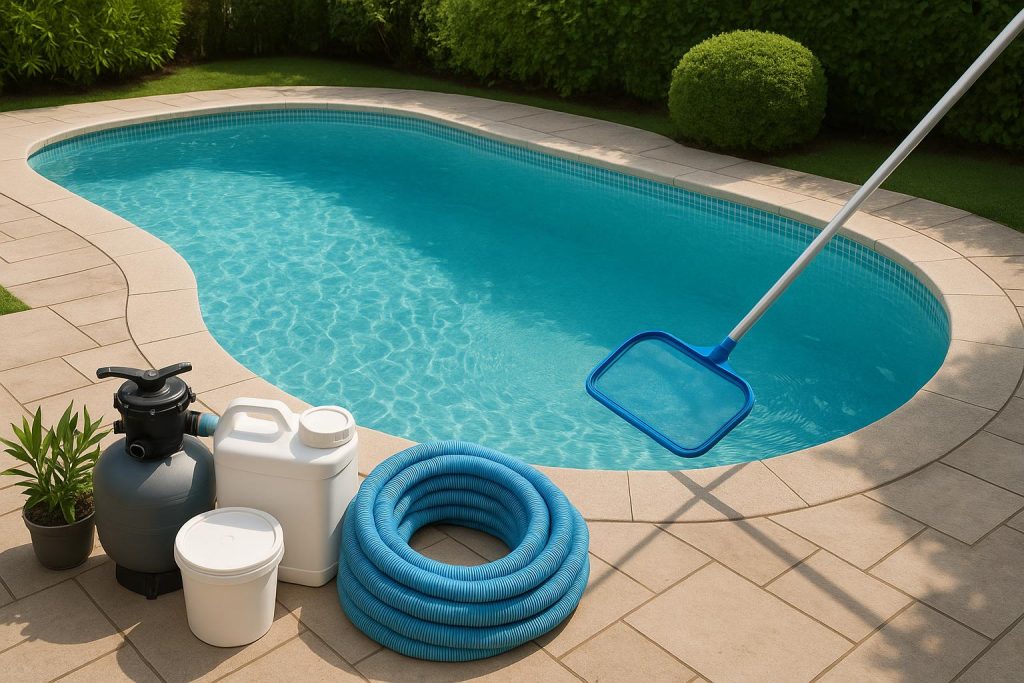 Professional pool cleaner servicing a backyard swimming pool for optimal maintenance and care