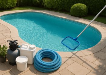 Professional pool cleaner servicing a backyard swimming pool for optimal maintenance and care