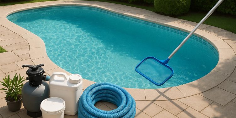 Professional pool cleaner servicing a backyard swimming pool for optimal maintenance and care