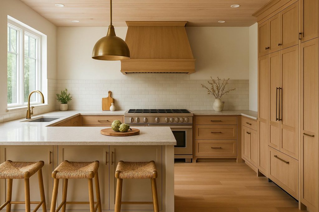 Modern kitchen with sleek cabinets, marble countertops, and functional open shelving design