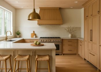 Modern kitchen with sleek cabinets, marble countertops, and functional open shelving design