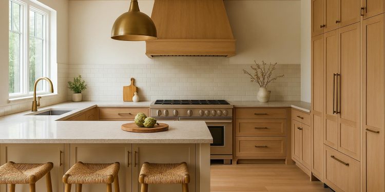 Modern kitchen with sleek cabinets, marble countertops, and functional open shelving design