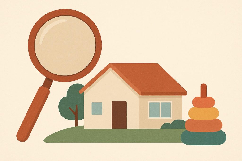 Organized living room with childproof furniture and toys for safe toddler-friendly home search