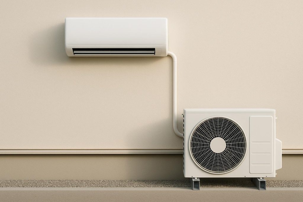 Wall-mounted indoor split AC unit and outdoor compressor unit illustrating split system setup