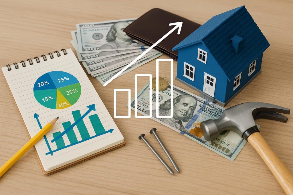 Home renovation plans, budget calculator, and house model illustrating cost-effective upgrades