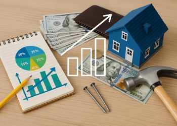 Home renovation plans, budget calculator, and house model illustrating cost-effective upgrades