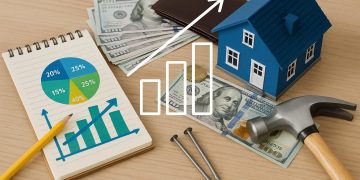 Home renovation plans, budget calculator, and house model illustrating cost-effective upgrades