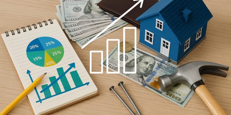 Home renovation plans, budget calculator, and house model illustrating cost-effective upgrades