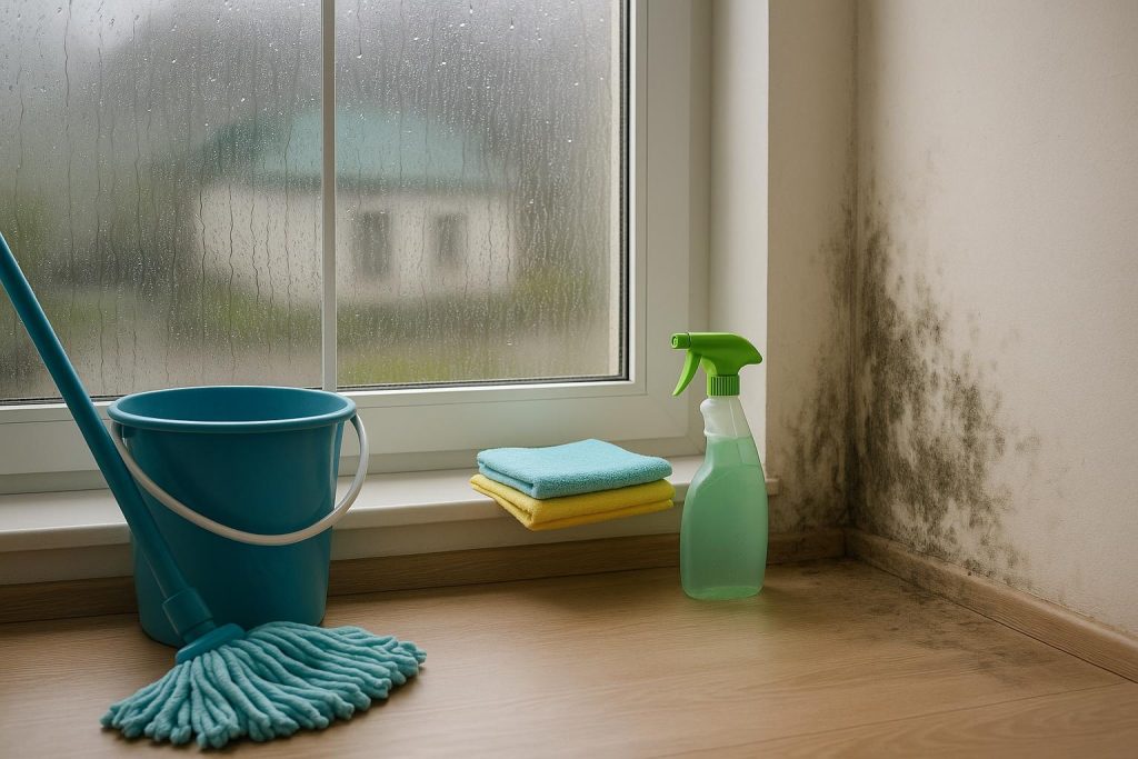 Cleaning mold from a damp window sill in an Australian home during monsoon season