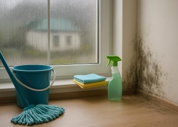 Cleaning mold from a damp window sill in an Australian home during monsoon season