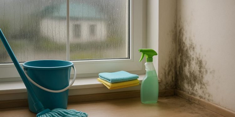 Cleaning mold from a damp window sill in an Australian home during monsoon season