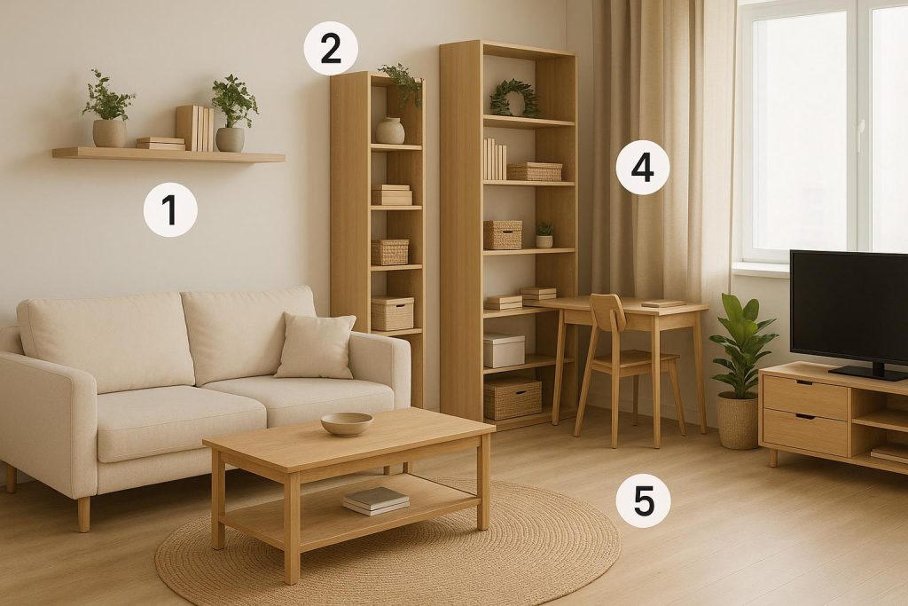Modern condo living room with smart storage solutions and space-saving furniture arrangement