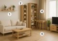 Modern condo living room with smart storage solutions and space-saving furniture arrangement