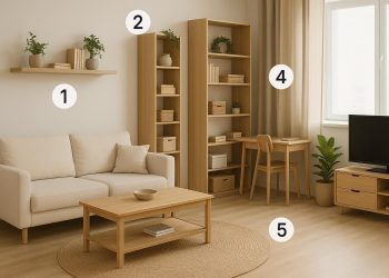 Modern condo living room with smart storage solutions and space-saving furniture arrangement