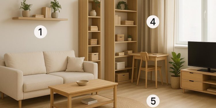 Modern condo living room with smart storage solutions and space-saving furniture arrangement
