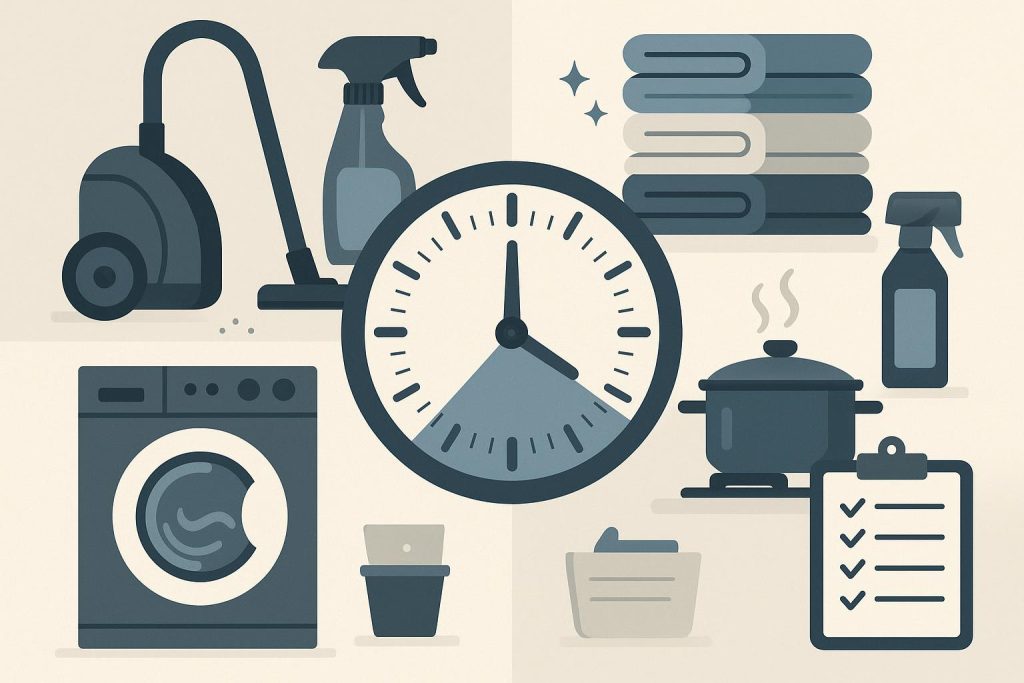 Organized kitchen counter with timer, cleaning supplies, folded laundry, and meal prep containers