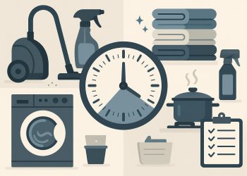 Organized kitchen counter with timer, cleaning supplies, folded laundry, and meal prep containers