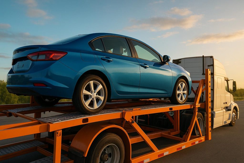 Enclosed car being loaded onto a transport trailer for safe and easy vehicle shipping
