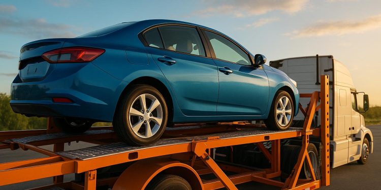 Enclosed car being loaded onto a transport trailer for safe and easy vehicle shipping