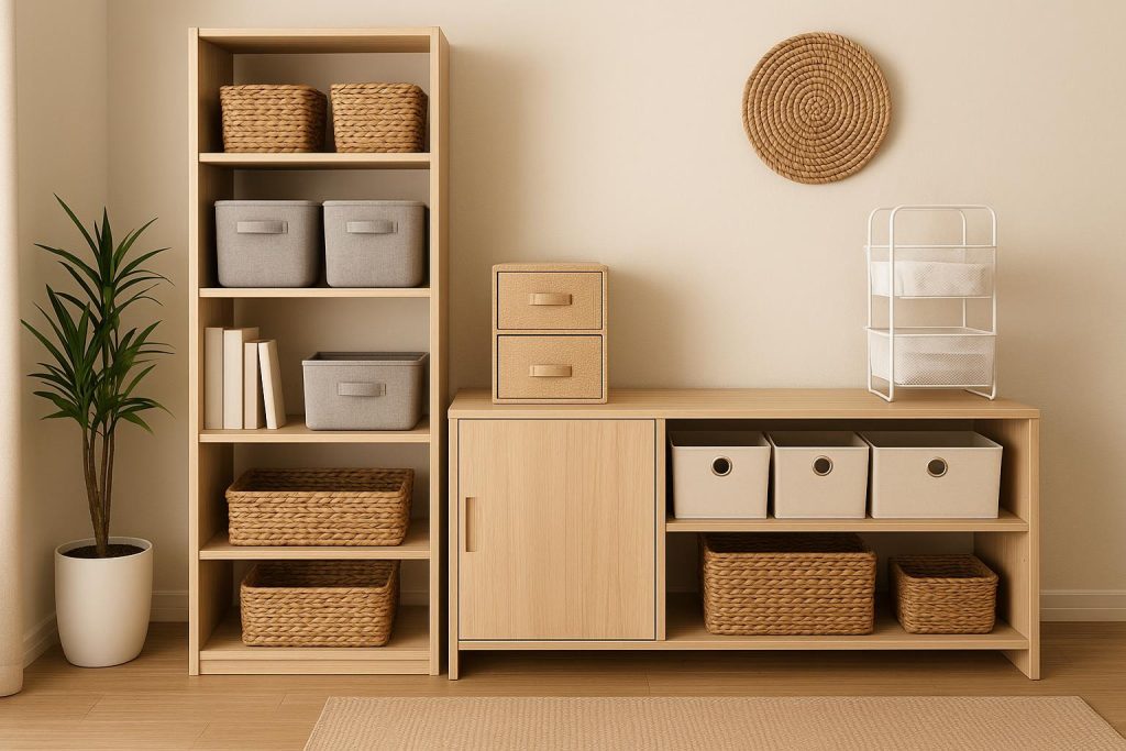 Modern closet with organized shelves, storage bins, and labeled boxes for maximizing space