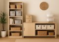 Modern closet with organized shelves, storage bins, and labeled boxes for maximizing space